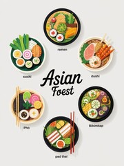 Colorful graphic design showcasing various asian cuisine dishes.