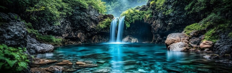 Serene Jungle Waterfall with Lush Greenery and Turquoise Pool in a Natural Paradise