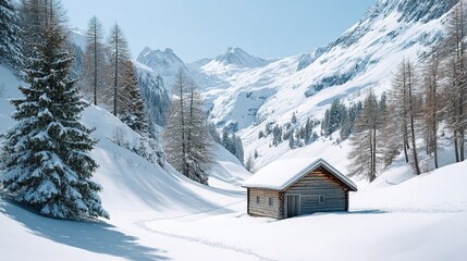 Serene Winter Wonderland: Creative Abstract Commercial Background featuring Snow-Covered Mountain Cabin. High-Quality AI-Generated Design for Posters, Banners, and Digital Media. Ideal for Seasonal Ad
