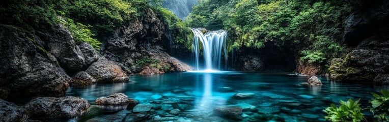 Fototapeta premium Serene Jungle Waterfall with Lush Greenery and Turquoise Pool in a Natural Paradise