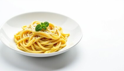 Elegant pasta dish, olive oil drizzle, white backdrop , culinary, clean, cooking