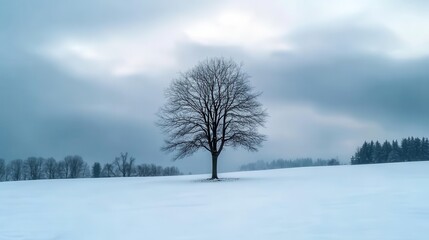 Solitary tree on a snow-covered plain under a cloudy sky.