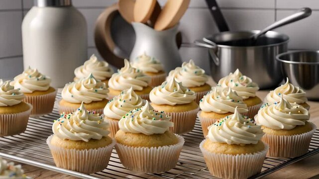 Multiple fresh vanilla birthday cupcakes with white paper wrappers, whipped cream frosting