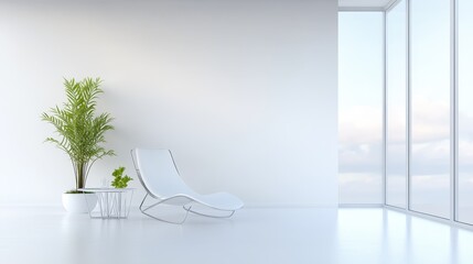Modern, minimalist room with a rocking chair and plant.