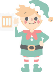 merry christmas and happy new year with cute little elf dwarf holding glass of beer, flat png illustration cartoon character costume design