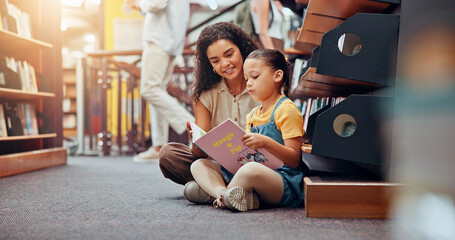 Child, education or reading book in library for support, development or learning growth in school....