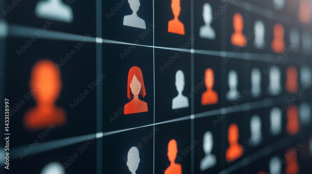 Poster abstract representation of digital user profiles on a grid.