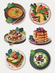 Colorful plates showcasing various healthy food selections.