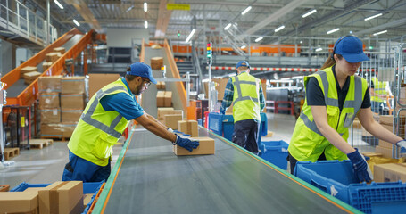 In a Modern Sorting Center Facility, Diverse Workers in Safety Vests Loading Parcels Onto a...