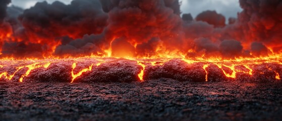 geology mineral tectonic concept. Fiery lava flow amidst dark volcanic clouds creates a dramatic landscape.