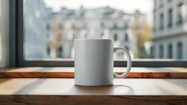 Mug Mockup displayed on a table by a window, offering a view. Perfect for showcasing designs for sales.
