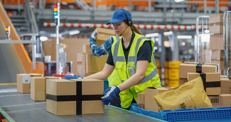 Young Diverse Workers in Logistics Terminal Loading Cardboard Boxes and Parcels with Goods onto a...