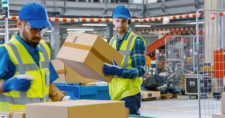 Team of Young Workers Organizing Parcels on a Conveyor in a Busy Warehouse, Ensuring Online Orders...