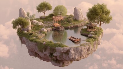 Floating classroom island in a peaceful dreamlike space