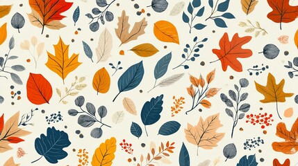 Autumn leaves seamless pattern design with warm colors and elegant style red fall gold brown beige