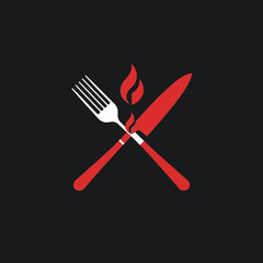 Spicy Food Restaurant Logo Design Crossed Fork and Knife with Fire