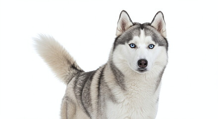 Obraz premium siberian husky standing with fluffy tail and blue eyes, isolated on white background. generative ai