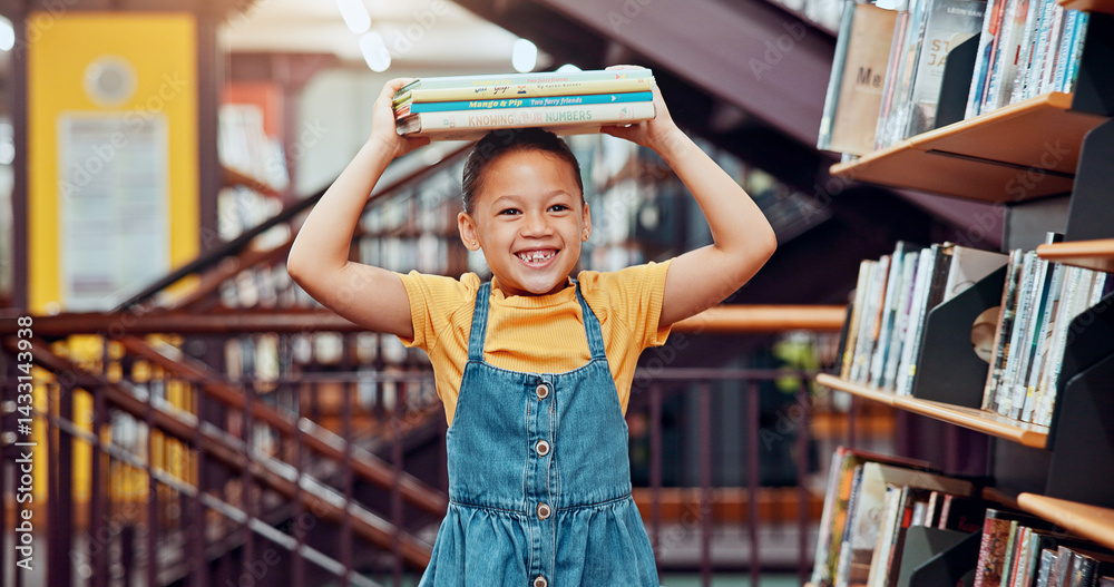 Poster happy, head and child with books in library excited for reading story, literature and learning. scho