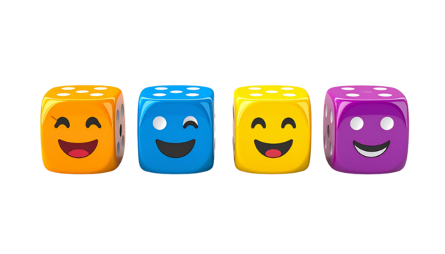 Color-coded emotion dice for therapy or classroom use, isolated on transparent background, minimalist design