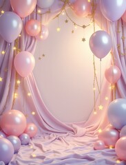 Dreamy birthday celebration scene. Festive backdrop with pink and purple balloons and decorative stars.