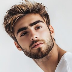 Obraz premium Man with a beard and short hair is smiling at the camera