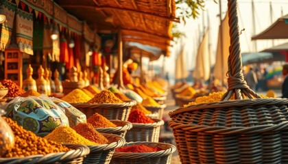 Vibrant Spice Market with Colorful Baskets and Natural Textures at Sunset