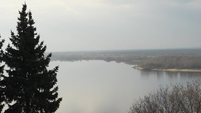 Viewpoint in Nizhny Novgorod with a spruce, the Volga River and the left bank