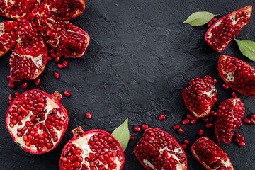 Fresh ripe pomegranate with half and pieces ready for eating. Top view