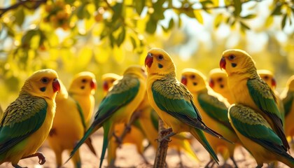 Flock of Colorful Yellow and Green Parakeets Gathering Under a Sunlit Tree in Nature