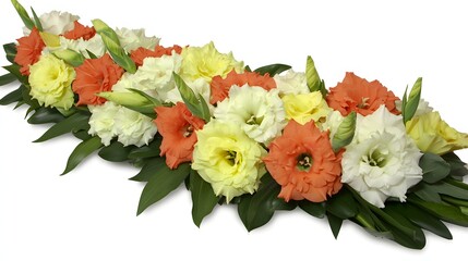 Colorful Gladiolus Flower Arrangement with Orange Yellow and White Blooms and Green Leaves