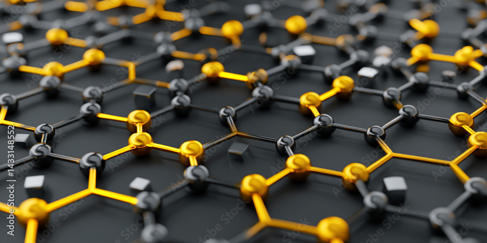 Aufkleber abstract image of a honeycomb-like structure with black and gold spheres connected by rods, showcasi