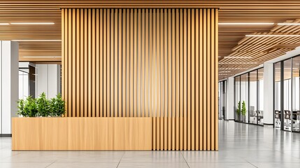 Modern Office Interior with Wooden Slatted Wall and Green Plants in Bright Workspace Environment