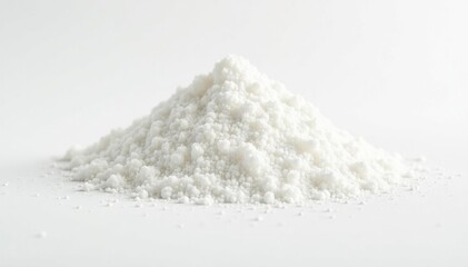 Pile of white granulated sugar on white background, diet, health, clean