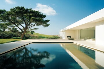 Fototapeta premium Modern minimalist residence exterior with tranquil pool and lush landscaping.