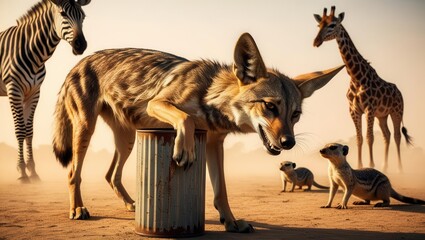Coyote searching through trash african savannah wildlife photography natural habitat ground level