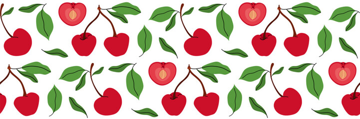 Seamless pattern with cherry, whole and one sliced in half showing pit. Spring garden background. Perfect for textile, menu, packaging, kitchen design. Flat vector illustration.