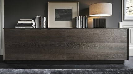 Contemporary Modern Furniture Piece with Elegant Wood Texture and Stylish Lamp in Interior Design