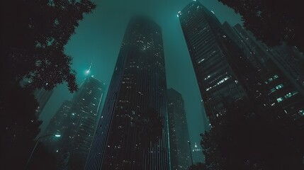 Mysterious Nighttime Cityscape with Skyscrapers Shrouded in Fog and Illuminated Lights