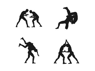 Wrestlers and referee silhouettes. A collection of silhouettes wrestling in different poses. vector on a white background.