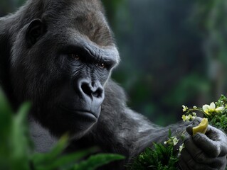 Obraz premium Gorilla in the jungle, serene moment of feeding