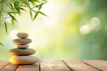 Obraz premium Balanced stones on a wooden surface against a tranquil nature backdrop.