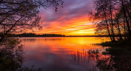 Obraz premium Sunset over calm lake scenic view