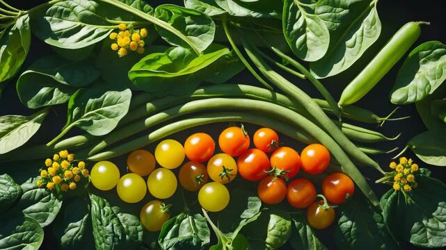 Sunlit organic spinach, celery greens, runner beans, yellow pear tomatoes, and edible flowers