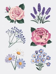 Elegant floral design collection of various blossoms.