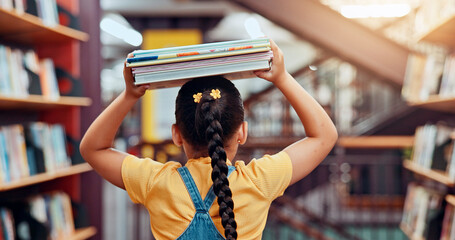 Library, head and back of child with books for reading story, literature and learning. School...