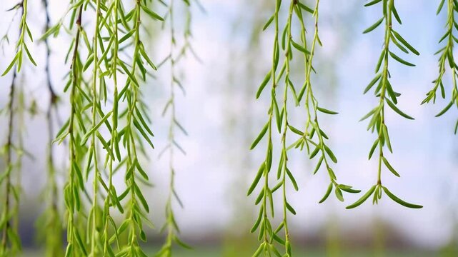 The willow branches sway on the water surface.
