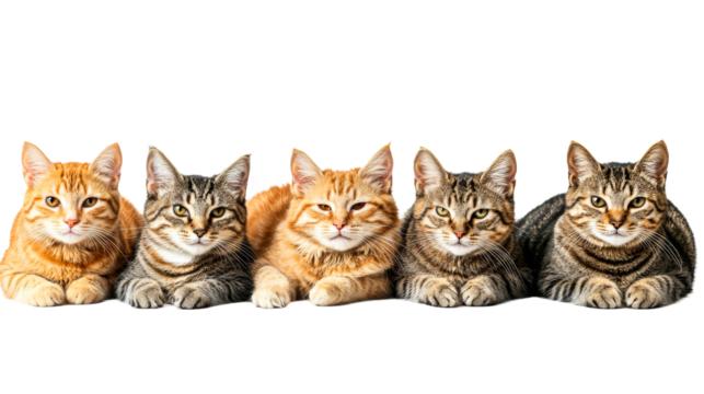 Five cats posing together on a white background