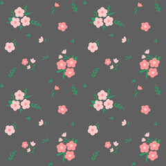 Seamless pattern with pink flowers and bouquets on a dark background