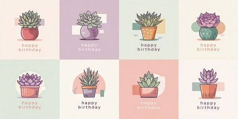 Set of six illustrations of succulents in pots with happy birthday text.