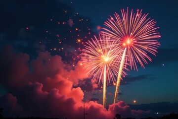 Firework explosion in sky with colorful sparks and embers, night sky, fireworks burst, light show